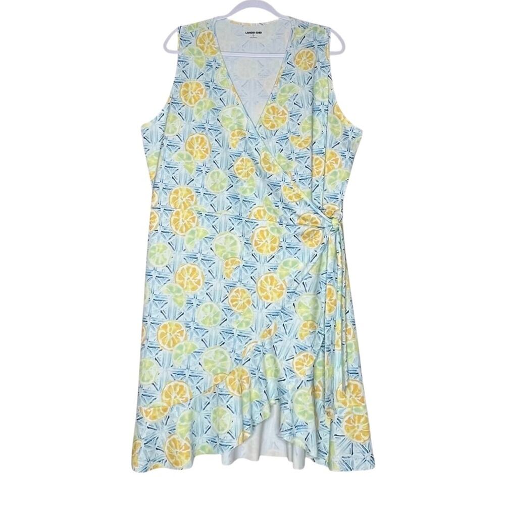 Lands' End Lemon Lime Citrus Swim Cover Up Ruffle Wrap Dress XL 18 Beach Coastal